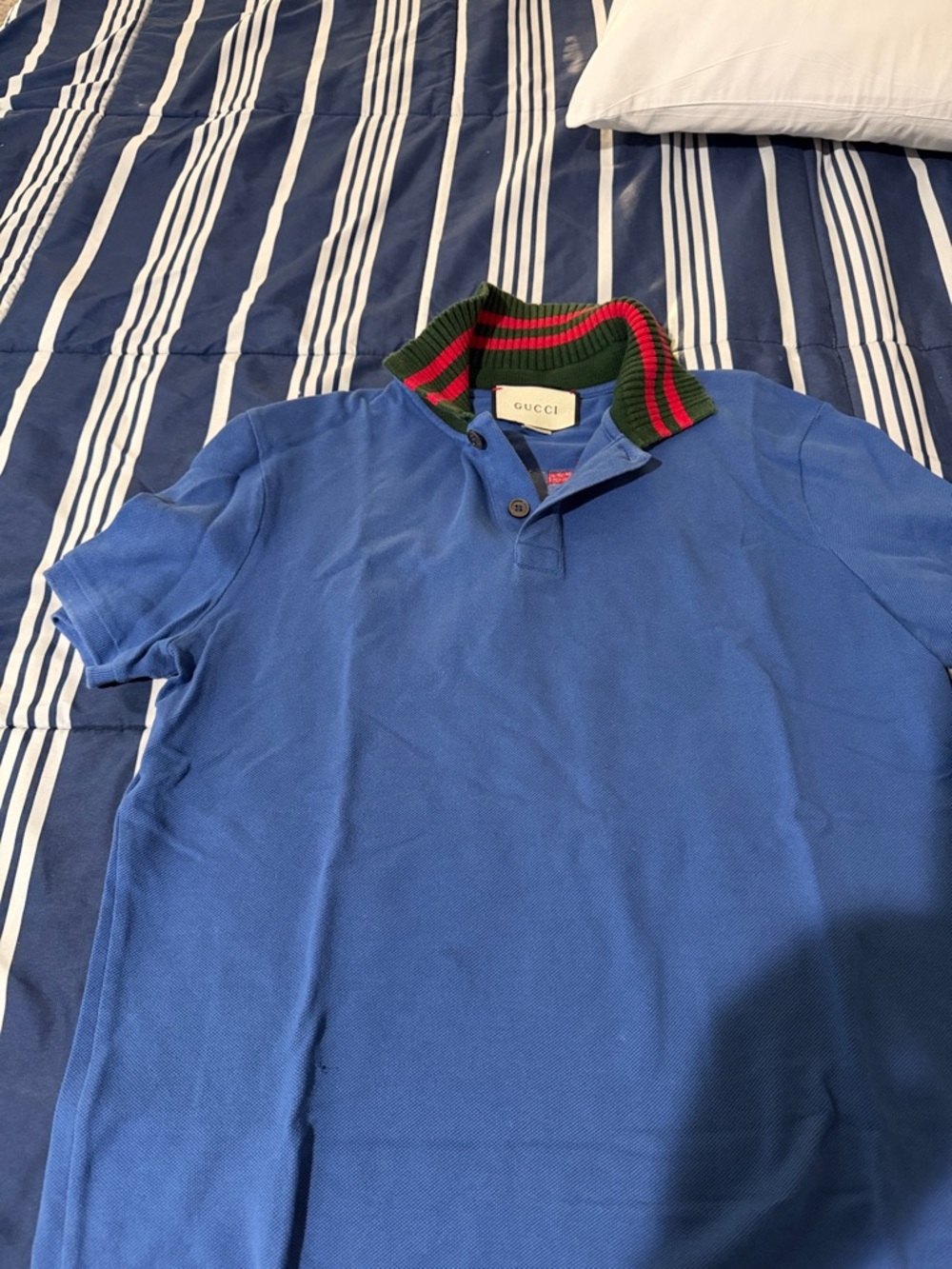 Gucci Blue Polo with Green and Red Stripe Collar
